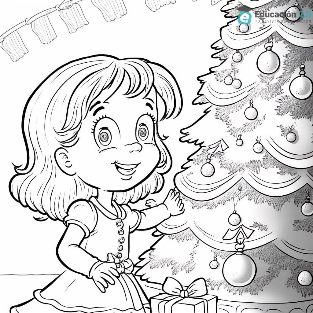 niña árbol navidad Imágenes gratis para imprimir y colorear