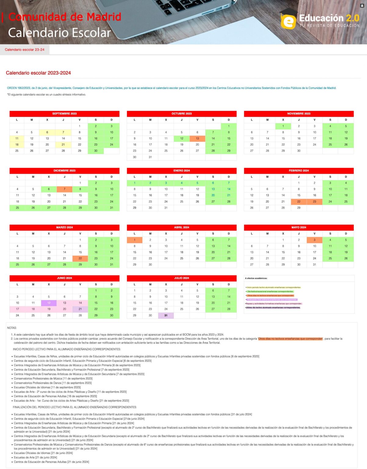 Calendario Escolar en la Comunidad de Madrid para el Curso 20232024