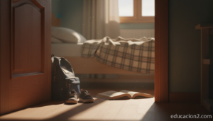 Fotografia editorial realista, contraluz suave de tarde en una habitacion de nino: una mochila escolar y unas zapatillas p...