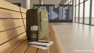 Fotografia editorial realista en un aeropuerto europeo a primera hora: una maleta de cabina junto a un pasaporte espanol, ...