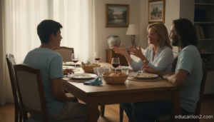 Familia conversando en sobremesa durante vacaciones escolares