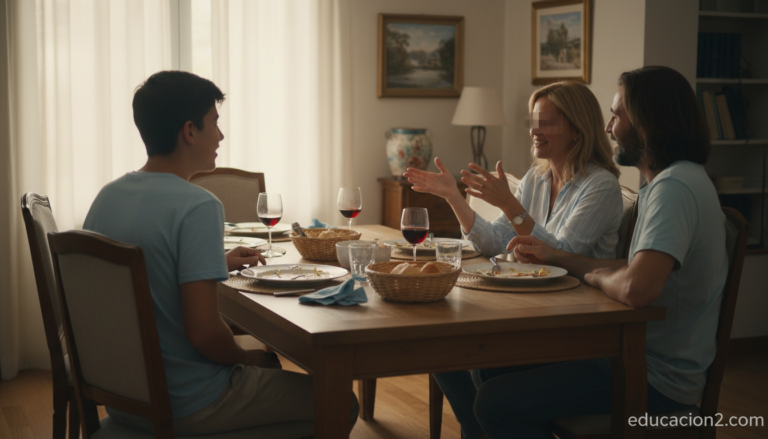 Familia conversando en sobremesa durante vacaciones escolares