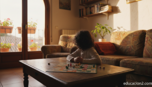 Niño esperando paciente su turno en un juego de mesa familiar