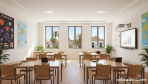 Modern bright British international school classroom in Spain, large windows with natural light, wooden desks arranged in ...