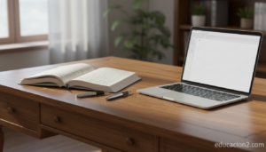 Cuaderno con escritura a mano junto a portátil con cursor parpadeante