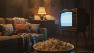 Salón con televisión vintage y palomitas para sesión de cine familiar años 80