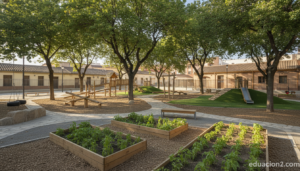 Renaturalized school playground in a Spanish city: large trees giving shade, wooden play structures, small vegetable garde...