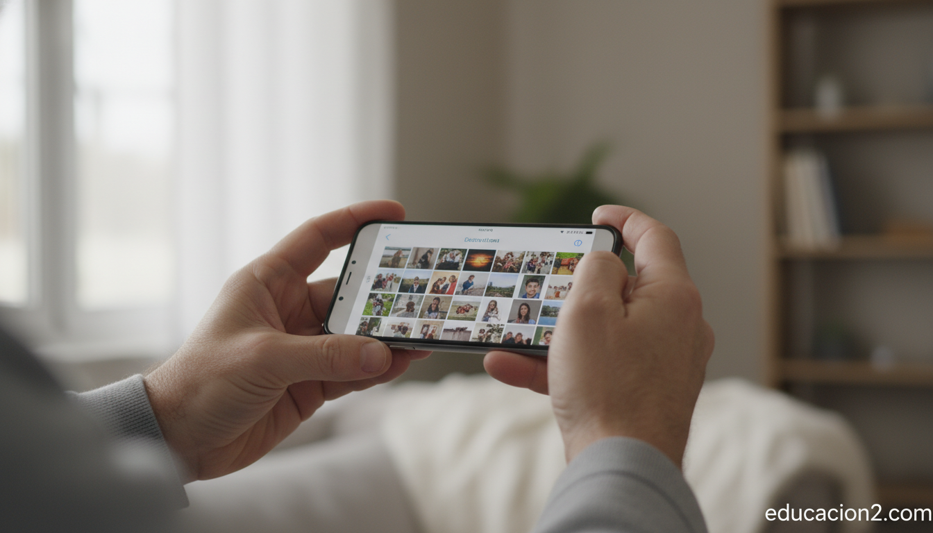 Manos de un adulto sosteniendo un móvil con una galería de fotos