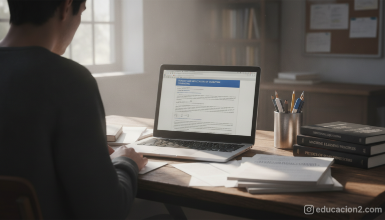 University student sitting at a wooden desk viewed from behind, working on a laptop with a PDF document visible on screen....